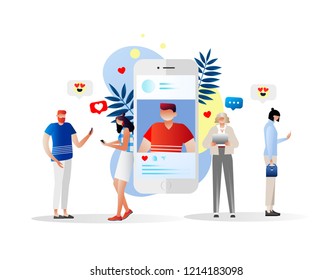 social media vector illustration concept, people at the park, comment like and share a post on social, media can be use for, landing page, template, ui, web, mobile app, poster, banner, flyer