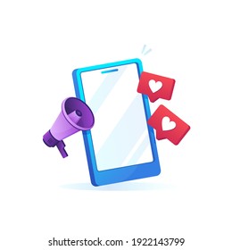 Social Media vector illustration. Mobile phone with like emoji speech bubble and megaphone. Network marketing. Gradient design. Blue, red and purple. Eps 10