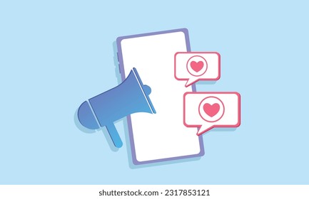 Social Media vector illustration. Mobile phone with like emoji speech bubble and megaphone. Network marketing. Gradient design.