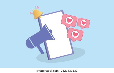Ilustración vectorial de los medios sociales. Teléfono móvil con burbujas de voz de emoji y megáfono.vector con fondo azul