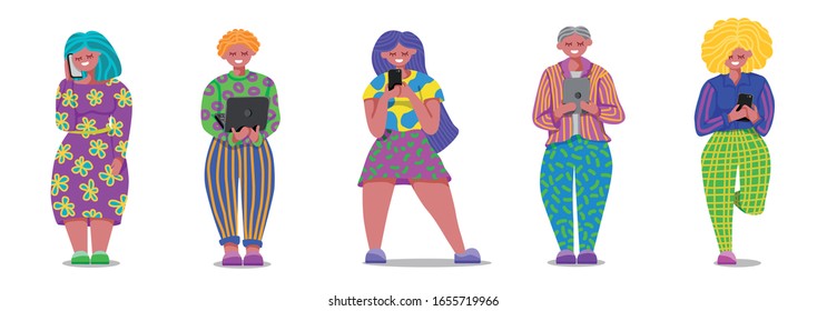 Social media vector illustration. Women with smartphone, man with laptop and man with ipad. Set of social media vector illustration.