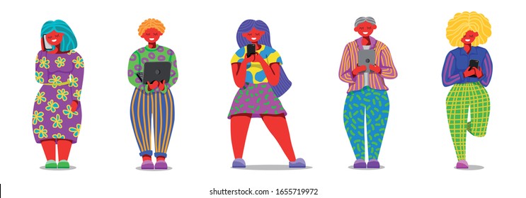 Social media vector illustration. Women with smartphone, man with laptop and man with ipad. Set of social media vector illustration.