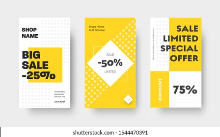 Social Media Vector Story Template For Big Sale With Yellow Squares And Rhombuses. White Modern Design With Abstract Pattern.