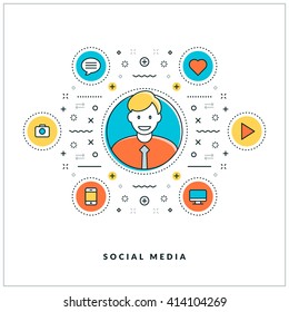 Social media. Vector thin line business concept. Flat style illustration for website banner or promotional materials. Line icons and design elements