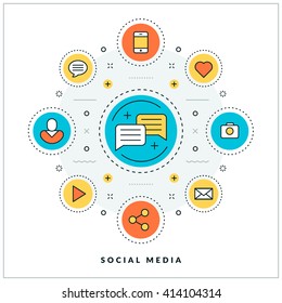 Social media. Vector thin line business concept. Flat style illustration for website banner or promotional materials. Line icons and design elements