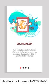 Social media vector, twitter bird and loudspeaker megaphone with smartphone for broadcasting worldwide, global interaction communication concept. Website or app slider, landing page flat style