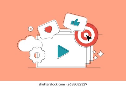 Social media video advertising concept. Programmatic promotion and online video marketing automation to boost engagement strategy and optimize content performance. Flat design vector illustration