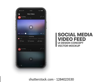 Social Media Video Feed Vector UI Concept for Social Network on Photo Realistic Frameless Smartphone Screen Isolated on White Background. Online TV Watching on Mobile Device