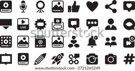 Social media and video interface icon set. Containing video players, live stream badges, like hearts, share nodes, comment bubbles, user profiles, notification bells, and camera icons.