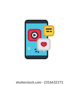 Medios sociales con video en iconos planos de teléfonos móviles. Ilustración vectorial. Icono aislado adecuado para web, infografías, interfaz y aplicaciones.
