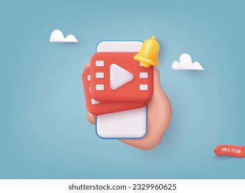 Social media with video and photo gallery on mobile hand holding. 3D Web Vector Illustration.