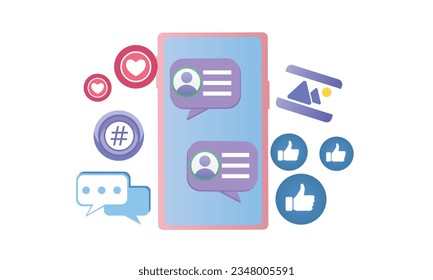 social media with video and photo gallery on mobile phone hand holding, interface optimization for banner and website mockup mobile phone concept.on white background.Vector Design Illustration.