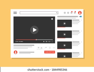 Social media video player interface template. Video content, blogging. Web window player. Site page with a video or video channel being played