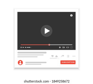 Social media video player interface template. Video content, blogging. Web window player. Site page with a video or video channel being played