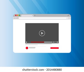 Social media video player interface template. Video content, blogging. Web window player. Site page with a video or video channel being played.