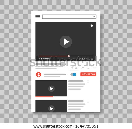 Social media video player interface template. Video content, blogging. Web window player. Site page with a video or video channel being played