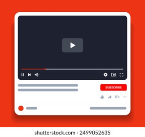 Social media video player screen template, mobile video player. Video player mockup, app, ui ux. Channel interface. Social media concept. Play button icon