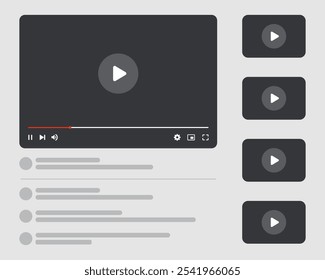 Social media video player screen template, mobile video player. Video player mockup, app, ui ux. Channel interface. Social media concept. Play button icon