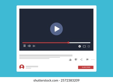 Social media video player screen template, mobile video player. Video player mockup, app, ui ux. Channel interface. Social media concept. Play button icon