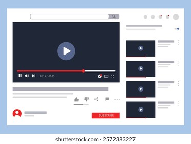 Social media video player screen template, mobile video player. Video player mockup, app, ui ux. Channel interface. Social media concept. Play button icon