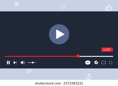 Social media video player screen template, mobile video player. Video player mockup, app, ui ux. Channel interface. Social media concept. Play button icon