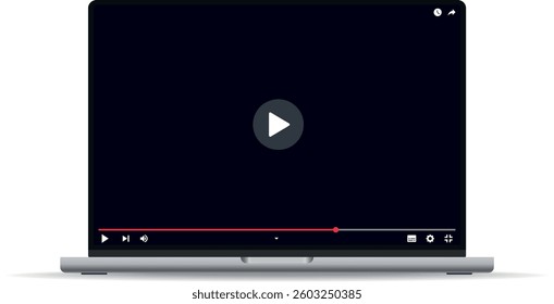 Social media video player screen template, laptop video player. Video player mockup, app, ui ux. Channel interface. Social media concept. Play button icon on white background