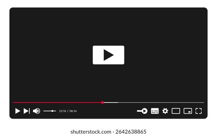 Modelo de tela do player de vídeo de mídia social. Flat Mockup, aplicativo, ui ux. Interface de canal. Ícones dos botões de controle. Modelo de janela. Reproduzir configurações da próxima barra de progresso cheias. Tema escuro