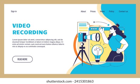 Social media. Video recording. Blog creation landing page. Camcorder and idea lamp. Creative blogger. Website template design. Digital content. Web designer. Blogging online course. Vector background