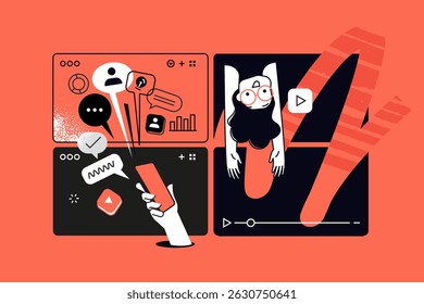 Social media and video. Set of vector illustrations for web banner, social media banner, business presentation, marketing material. 