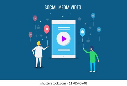 Social media video - video sharing, social media viral video content flat design vector illustration with icons and characters