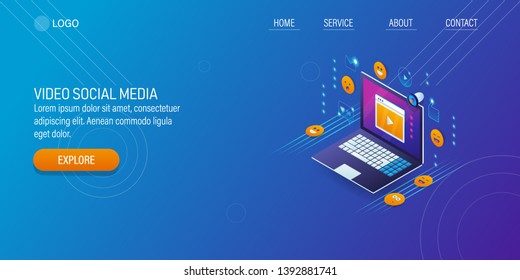 Social media video, Viral video content, Engaging video, flat style 3D isometric vector banner with icons and texts