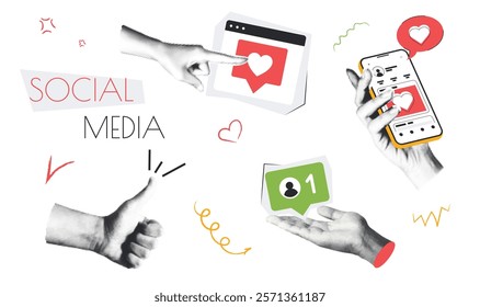 Social media vintage collage conception set in retro halftone design. Collection with hands holds mobile phone with online profile, sharing posts, collects likes and followers. Vector illustration.