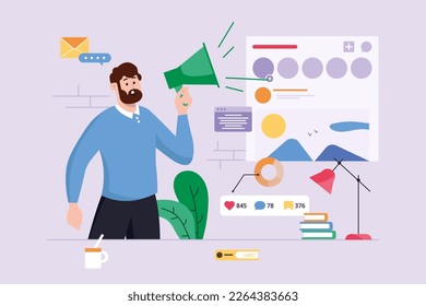 Los medios sociales violan el concepto de fondo con la escena popular en el diseño de caricaturas planas. El hombre trabaja con propaganda en las redes sociales. Ilustración vectorial.
