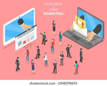 Social media vs e-mail marketing flat isometric vector. Two devices with different digital marketing way are trying to capture the attention of the crowd of people.