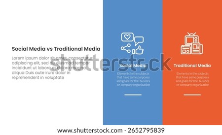 social media vs traditional media comparison concept for infographic template banner with big column banner on right layout with two point list information vector