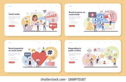Social media web banner or landing page set. Internet communication and global connection. SMM and business communication. Marketing and advertising strategy. Vector flat illustration