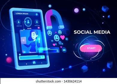 Social media web banner. Magnet attracting likes, feedbacks and followers from smartphone with girl profile on screen. Smm strategy futuristic neon background Cartoon vector illustration, landing page