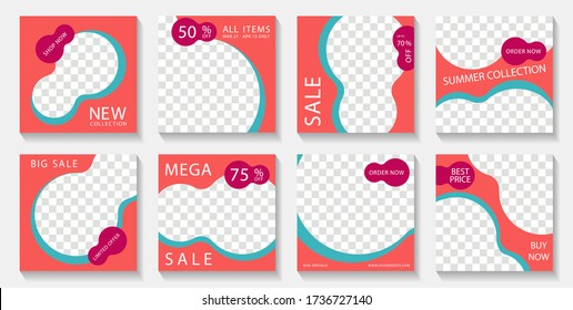 Banner web de medios sociales diseño de diseños de artículos con marcos de fotos y texto de venta. El anuncio de marketing se burla del conjunto de vectores creativos. Venta de banners promocionales con descuento y nuevas ofertas de llegada. 