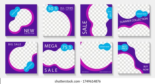 Social media web banner post layouts design with photo frames and sale text. Marketing announcement mockups simple vector set. Sale promo banners with discount and new arrival offers. 