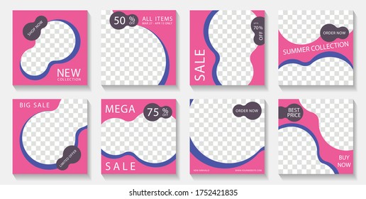 Social media web banner post layouts design with photo frames and sale text. Marketing announcement mockups trendy vector set. Sale promo banners with discount and new arrival offers. 
