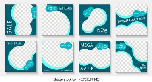 Social media web banner post layouts design with photo frames and sale text. Marketing announcement mockups elegant vector set. Sale promo banners with discount and new arrival offers.