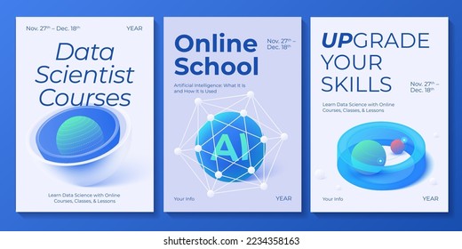 Social media web banner templates for online school, classes and courses. Big data, Ai and cloud solutions in isometric vector illustration. Abstract datacenter or blockchain network background