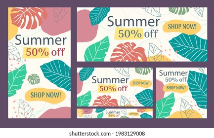 Social media and web banners collection with tropical design. Various resolutions in horizontal, square and vertical backgrounds. Multicolored floral and summer ads design in flat style. Vectorized.