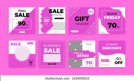 Social media web banners. Instagram square sale discount promo layout isolated on pink background. Web price banner templates for mobile apps, digital blogging, vector set