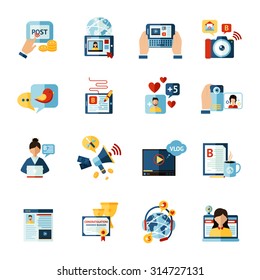 Social Media Web Blogger Flat Icons Set Isolated Vector Illustration