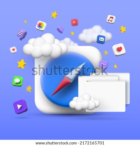 social media web browser. 3d vector cartoon illustration. speech bubble with internet icon