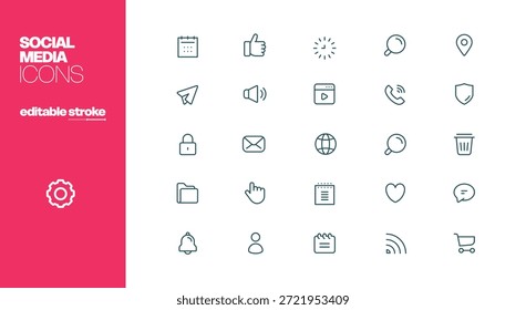 Traço editável do conjunto de ícones da Web de mídia social. Pixel perfeito. Contém ícones como Símbolo de ícone, Conexão, Rede de computador, Botão curtir, Negócios, Rede social
