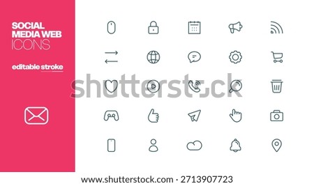 Social Media Web Icon Set Editable Stroke. Pixel Perfect. Contains icons as Icon Symbol, Connection, Computer Network, Like Button, Business, Social Network
