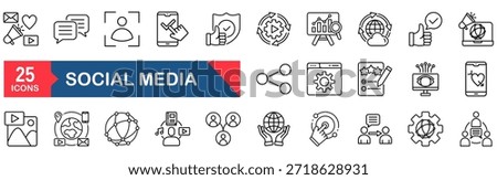 Social Media Web Icon Set in Line style. vector illustration concept for social, network, digital, like, content, design, save, post, share, censoring, news, comment, communication
