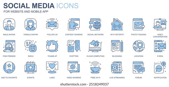 Social media web icons set in duotone line design. Pack of male or female avatar, follow, content sharing, network, wifi hotspot, photo tagging, other outline stroke pictograms. Vector illustration